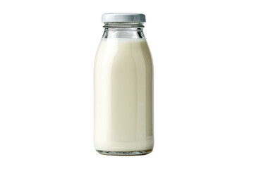 A clear glass bottle filled with fresh white milk, isolated on a transparent background