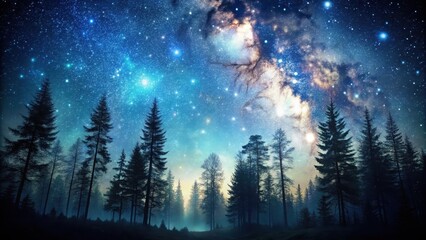 Naklejka premium Dark forest under starry night sky with silhouetted trees and twinkling stars