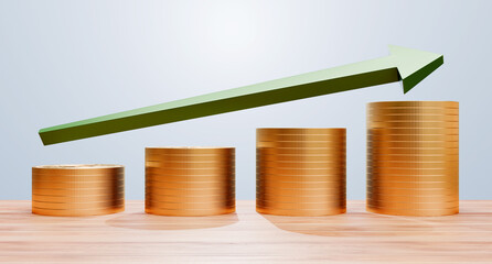 Stack of gold coins with arrow 