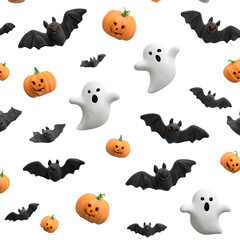 Mini ghosts, bats, pumpkins floating, white isolated background