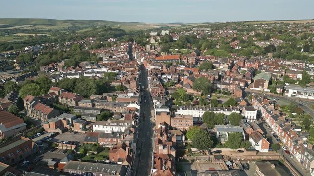 Aerial view down the High Street of Lewes, East Sussex, England