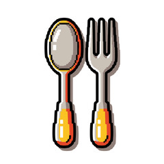 Pixel art illustration of a spoon and fork cutlery set.