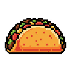 Pixel art taco with meat lettuce and tomato filling.