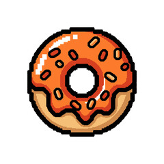Delicious pixel art donut with orange frosting and colorful sprinkles.