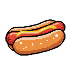 Pixelated hot dog with mustard on a bun, delicious fast food meal.
