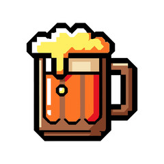Pixel Art Beer Mug with Frothy Head on White Background.