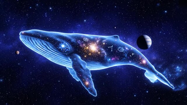 Cosmic leviathan gracefully navigates the infinite expanse of a starlit galaxy, embodying the profound mystery and interconnectedness of life and the boundless universe