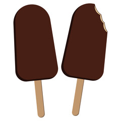 bitten chocolate popsicle,  chocolate ice cream on a stick.