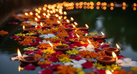Floating Diyas and Flowers on Water,
Traditional Indian Light Ceremony, Ritual,
Festival of Lights, Serene Atmosphere.