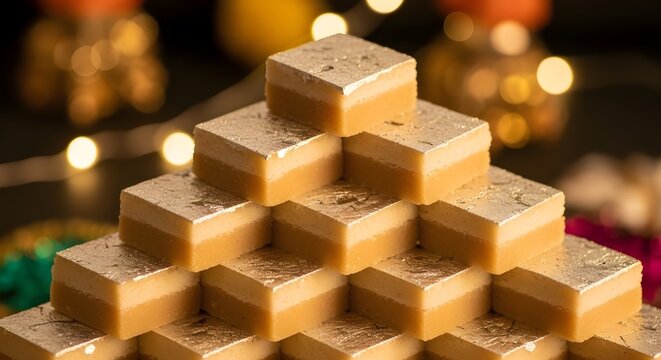Luxurious Kaju Katli Stacked,
Traditional Indian Festive Sweet,
Silver-Topped Diamond Delicacy.

