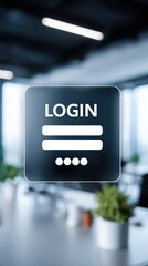 Secure Login Form Interface on Transparent Overlay with Blurred Office Background for Cybersecurity Concept