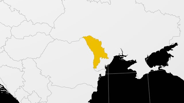 Moldova map. Animated zoom into the country on the Globe in Black White color palette. Country logo animation. Map with meridians, parallels. Amazing video.
