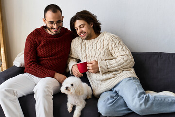 Joyful moments shared by a loving gay couple at home during a festive celebration