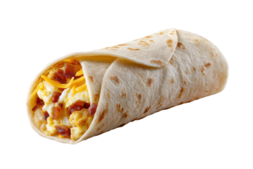 A hearty breakfast burrito with scrambled eggs, crispy bacon, and melted cheese, isolated on transparent background