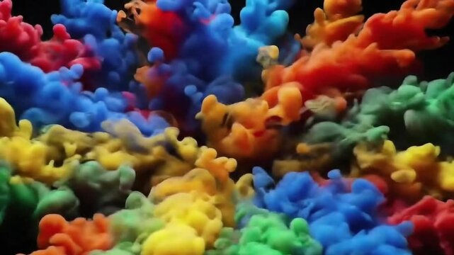 Vibrant explosion of colorful ink in water creating dynamic abstract patterns on a dark background for design