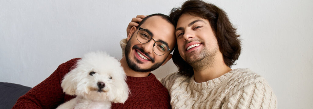 Joyful celebration of love between a gay couple at home during a festive gathering - Powered by Adobe
