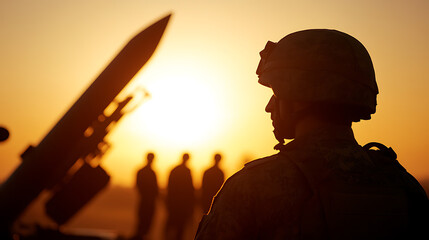 Military Personnel Silhouetted Against Sunset: Soldier standing in front of a missile launcher with comrades in the background, backlit by the sun.