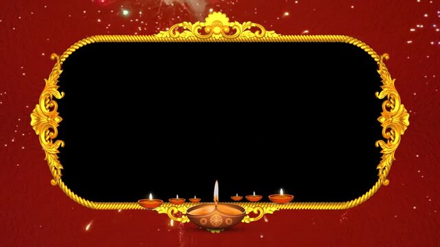Animated Deepavali Video Frame with Ornate Gold Border and Diya Lamps