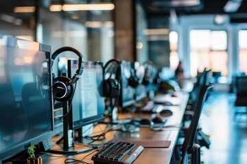 Empty office workspace showing headphones hanging on computer monitors, suggesting a break or the end of the workday
