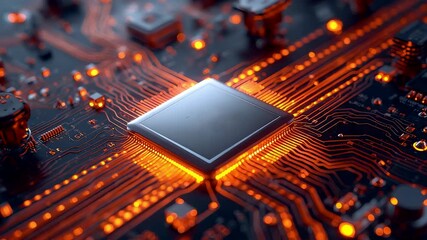 High detail macro view of computer processor microchip with glowing orange circuitry pattern showing advanced electronic hardware technology - Powered by Adobe
