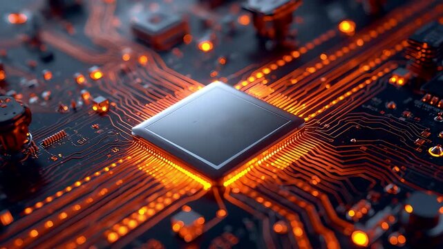 High detail macro view of computer processor microchip with glowing orange circuitry pattern showing advanced electronic hardware technology