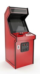 Red arcade cabinet with black trim isolated on a white background, retro arcade game