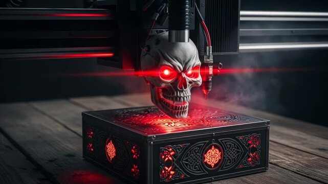 Scary skull with glowing red eyes and intricate box