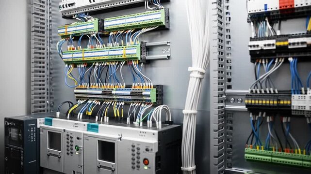 Industrial control panel with organized wiring and PLC modules inside electrical cabinet.