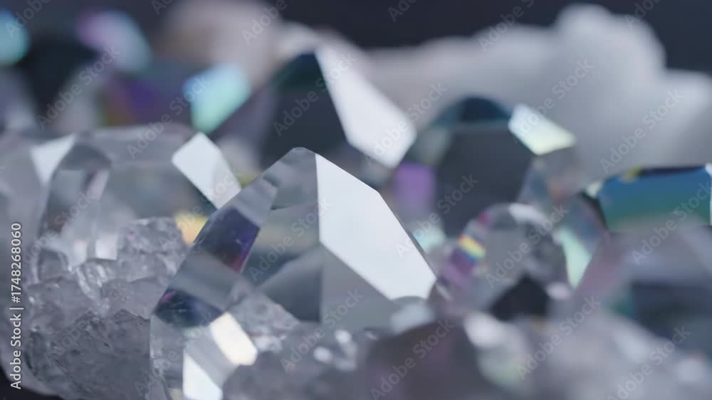 Sticker close-up slow pan across an array of reflective geometric crystal formations with shallow depth of f