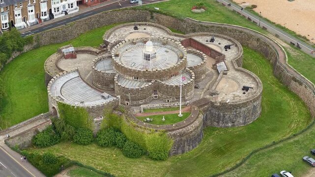 Aerial view showing the unique symmetrical cloverleaf shape of Deal Castle and cannons