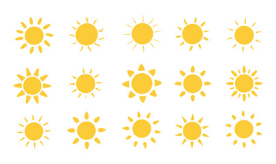 A vibrant collection of various bright yellow sun icons featuring distinct ray patterns is presented on a clean white background