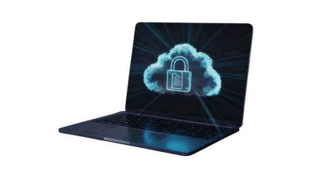 Holographic laptop displaying a glowing blue cloud icon with a padlock symbol for secure data storage isolated on transparent background