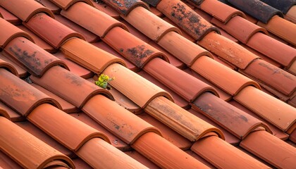 Terracotta roof tiles with a small plant