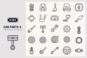 Collection of Automotive Components and Mechanical Engineering Icons White Background.