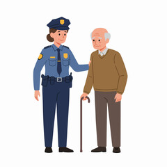 Female police officer assisting an elderly man with a cane, symbolizing community support and protection for seniors.