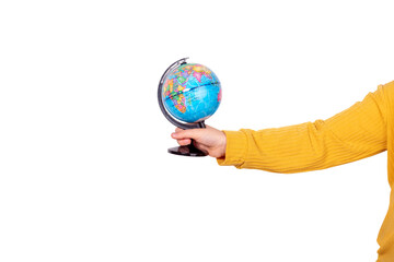 Close-up of a hand in a yellow sleeve holding a world globe isolated on transparent, symbolizing...