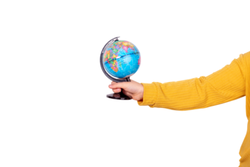 Close-up of a hand in a yellow sleeve holding a world globe isolated on transparent, symbolizing travel, education, and global concepts.