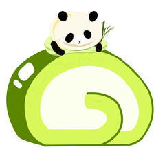 Matcha Roll Cake with Cream and Panda Macaron Topping Vector Illustration