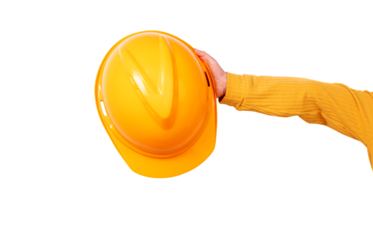 Close-up of a hand holding a yellow construction safety helmet against transparent background, symbolizing safety, work, and labor industries.
