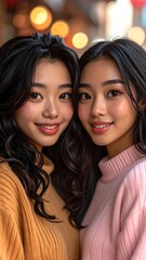 Two young women smiling close together outdoors.  Bokeh lights in the background