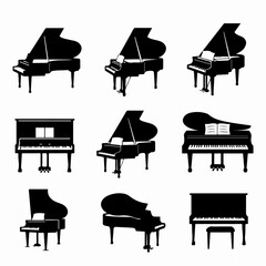 Diverse Collection of Black Piano Silhouettes: Grand and Upright Pianos for Music-Themed Designs and Iconography © Maya