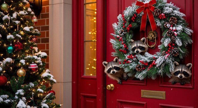 Three raccoons peek from a festive Christmas wreath adorned with artificial snow, red berries, and pinecones on a red door.