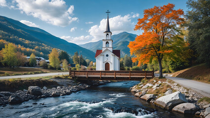 Landscape of a mountain range with a small white church in the center. The church has a steeple with a cross on top and a bell tower generative AI