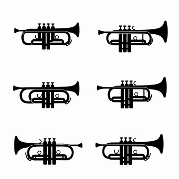 Set of Black Trumpet Icons and Silhouettes, Perfect for Music-Themed Designs and Graphic Elements on White
