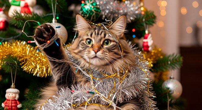 Fluffy tabby cat nestled in a decorated Christmas tree, tangled in silver tinsel and colored string lights. Surrounding ornaments include gold tinsel and a snowman figure. - Powered by Adobe