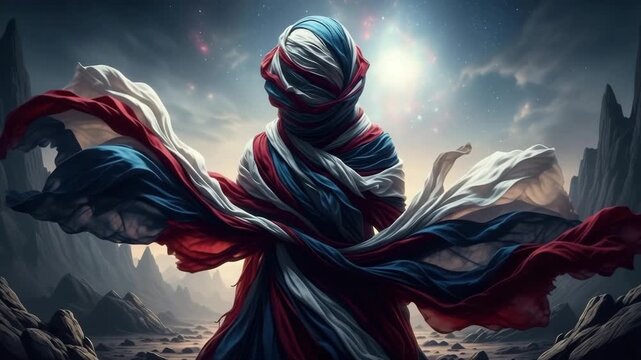 Abstract patriotic figure wrapped in the american flag against a starry sky video Generative AI