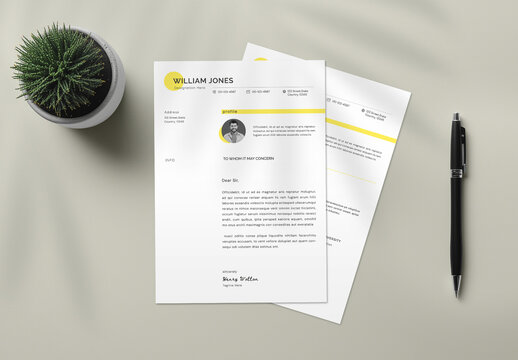 Modern and Clean Resume and Cover Letter Template with Yellow Accents