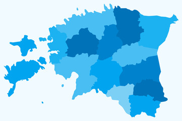 Map of Estonia with regions. Just a simple country border map with region division. Light blue color palette. Plain Republic of Estonia shape with administrative division. Vector illustration.