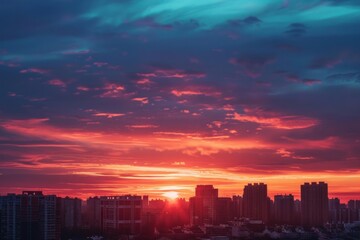 Fototapeta premium Stunning cityscape at sunset with vibrant colors illuminating the sky and buildings