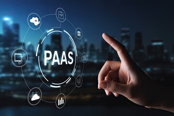 Futuristic digital technology concept paas platform interface with hand interaction abstract background